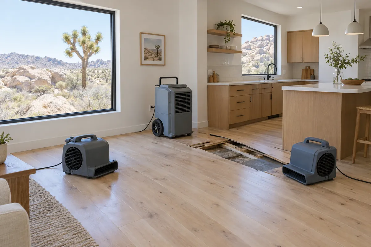 Air movers drying a wood floor in a high-desert home